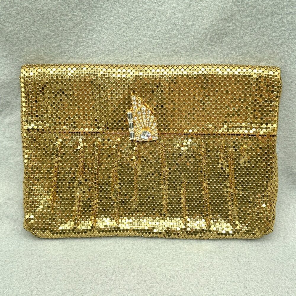 Mesh Purse Clutch Bag Gold Tone Art Deco Rhinestone Clip Vtg Whiting and Davis